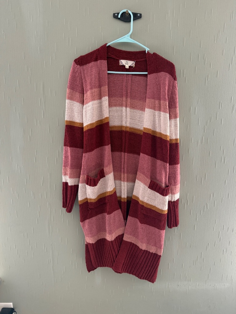 Pink Rose Striped Open-Front Cardigan in Pink and Burgundy
